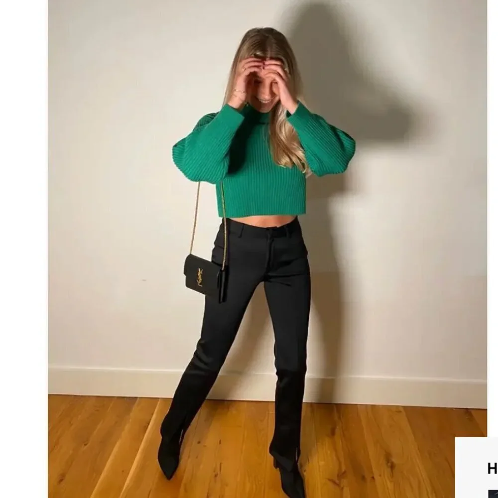 TIBI Sweater Green Wool Rib Cropped Pullover Mock Turtleneck XS